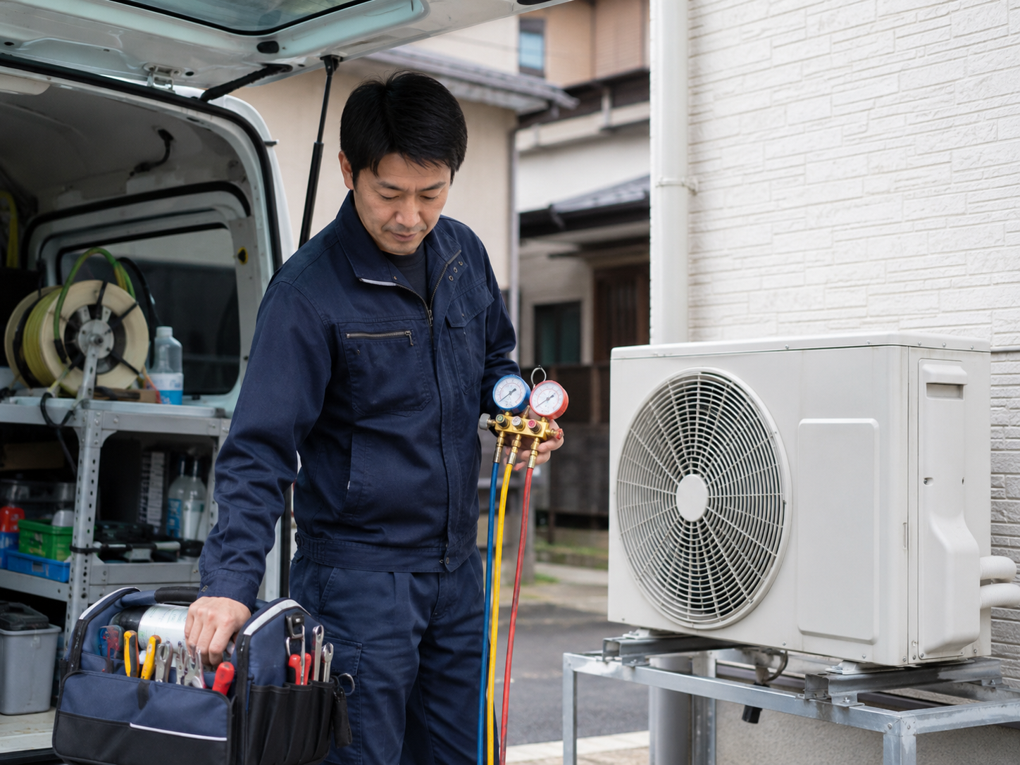 室外機前で作業する作業員